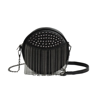Modern black round crossbody bag with metallic studs and silver fringe chain tassels