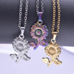 Sunflower necklace pendants in silver, rainbow, and gold finishes, stainless steel jewelry
