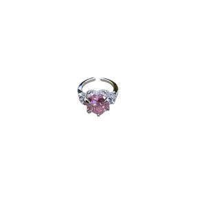 Adjustable silver ring with heart-shaped pink gemstone and zircon crown accents