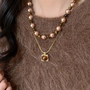 Retro Tiger Eye Pendant Necklace With Gold Plated Copper Chain And Faux Artificial Pearl Beads Vintage Light Luxury Jewelry For Women