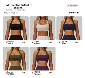 Detailed grid view of backless yoga bra sets in five premium colors and high-stretch fabric