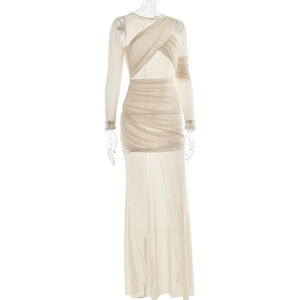 Macro shot of beige sheer mesh long sleeve dress with ruched details on mannequin