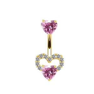 Pink heart crystal belly button ring in gold finish with sparkling pavé cubic zirconia