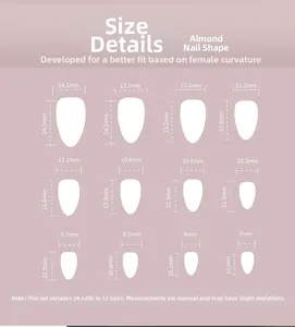 Size chart for gold glitter almond press-on nails with 12 dimensions from 7mm to 14mm