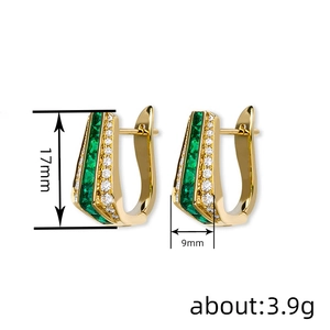 Exotic emerald-style J-shaped earrings in gold with green baguette stones and diamonds