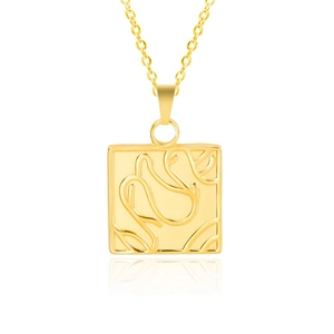Detailed view of square 18k gold plated stainless steel pendant with hollow geometric pattern