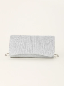 Sparkling silver glitter pleated clutch evening bag with metallic chain shoulder strap