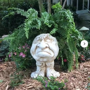 Funny Muggly face statue planter with grumpy expression among ferns in a lush garden