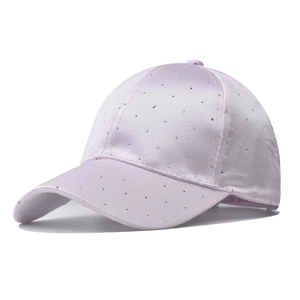 Close-up of lavender baseball cap with sparkling silver rhinestones and curved brim