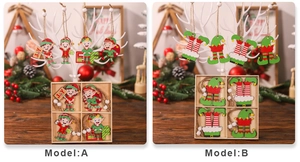Close-up of wooden Christmas elf ornaments in Model A and Model B styles with gift box