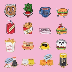 16-piece set of cartoon food enamel pins featuring burgers and fries on pink background