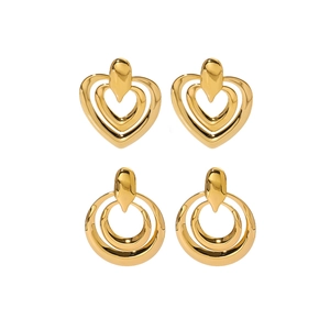 Golden double hoop heart and circle geometric earrings in high polished stainless steel