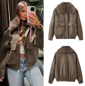 Short brown leather jacket featuring a detachable faux fur collar and utility pockets