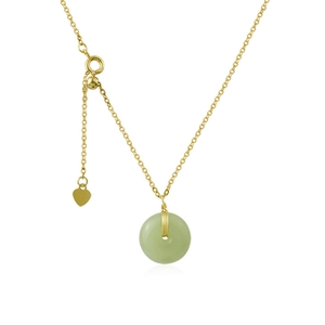 Green Hetian jade peace buckle necklace with gold chain and heart pendant on white background