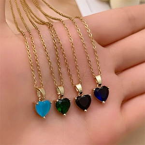 Gold-plated heart birthstone necklace set with colorful zircon on dainty O-chains