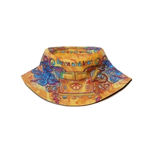 Orange hippie sun bucket hat with Peace and Love print and vintage bus graphics
