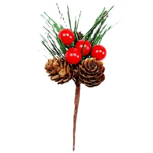 Artificial Christmas pine needles with brown pinecones and red berries on white background