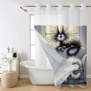 Detail of waterproof digital print shower curtain with quirky cartoon cat illustration