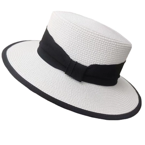 French retro flat top straw hat in white with black ribbon and wide brim sun protection