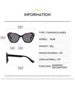 Detailed dimension guide for cat-eye anti-blue light glasses frame featuring PC material