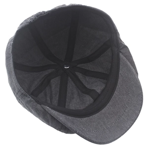 Detail showing internal six-panel structure and elastic band of dark grey cotton newsboy cap