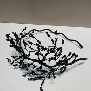 Elegant black beaded headband with French hollow crystal design for women and brides