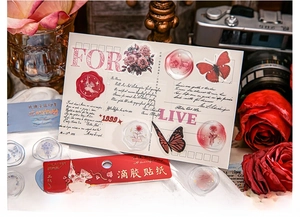 Detail of rose and butterfly embossed stickers with gold foil and resin texture