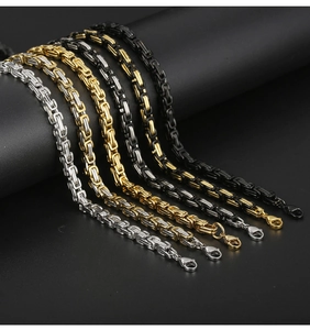 Detail of 5mm Byzantine chain necklaces in silver, gold, and black stainless steel options