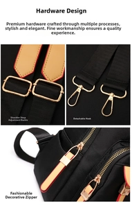 Detail of gold hardware, metal buckles and brown leather trim on a black backpack