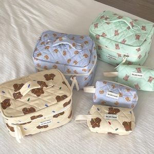 Quilted cotton bear cosmetic bag set in beige blue and mint green colors