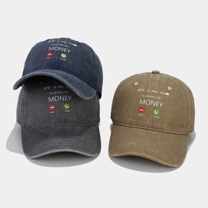 Vintage washed cotton baseball caps with Money Incoming Call embroidery in three colors