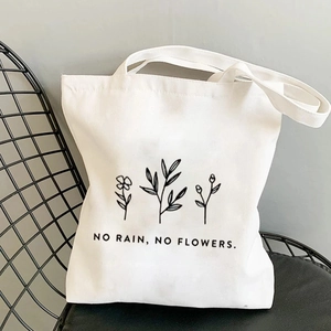 Minimalist canvas tote bag detail featuring hand-drawn plant pattern and no rain text