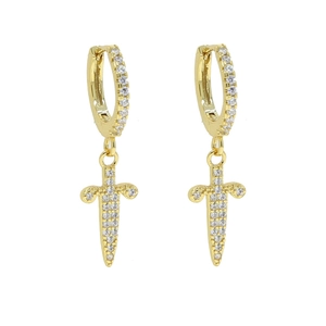 Detailed close-up of golden cross sword earrings with micro-pave white cubic zirconia