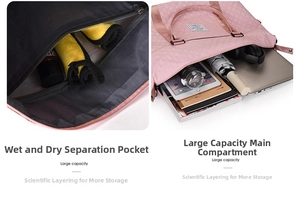 Macro view of the pink quilted sports bag showing large dry and wet separation compartments