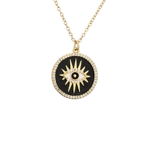 Micro-pave cubic zirconia geometric round Evil Eye pendant necklace on gold chain