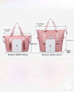 Size chart showing standard and expandable dimensions for the large travel tote bag