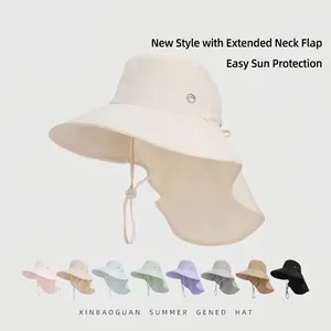 Chapeau De Soleil Bob Femme Polyester Grand Bord Protection Nuque Trou Queue De Cheval Corde Coupe Vent Extérieur Été Décontracté
