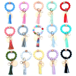 Silicone Bead Bracelet Keychain With Leather Tassel And Round Wood Tag Wristlet Key Ring For Women Daily Fashion Jewelry