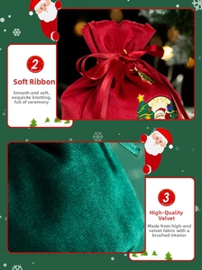 Detail of premium velvet Christmas gift bag with ribbon drawstring and holiday print
