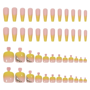 Kit de faux ongles mains et pieds dégradé rose et jaune avec décorations strass