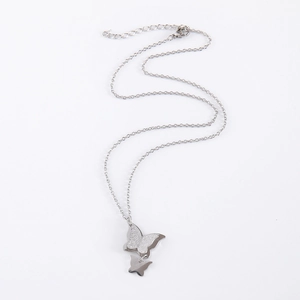 Double-layered silver stainless steel necklace with frosted and polished butterfly charms