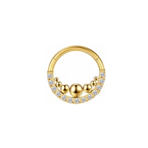 Titanium F136 gold hinged segment ring with sparkling clear zircons and beaded design