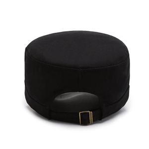 Classic black cotton flat top army cap with adjustable metal buckle and embroidery