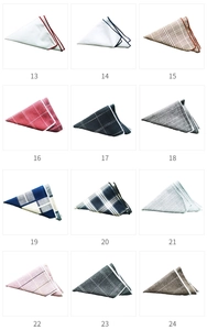 Collage of twelve assorted pocket squares in various solid colors and plaid patterns