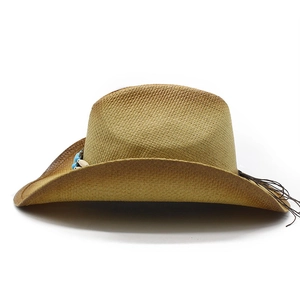 Western straw cowboy hat with brown gradient edge and blue beaded band decoration