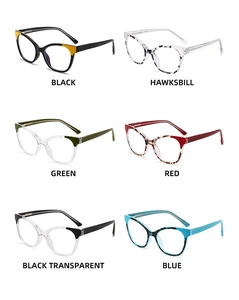 Cat eye glasses collection showing six colors including black, tortoiseshell and blue