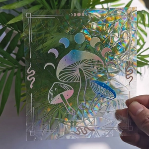 Holographic window film detail showing mushroom, moon phase, and snake patterns