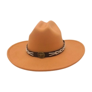Classic camel wool felt western cowboy hat with wide brim and bull head metal emblem