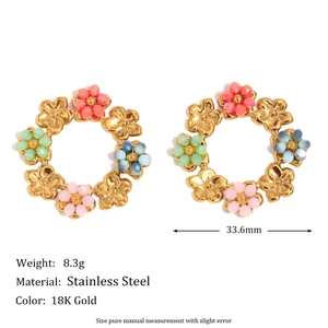 18K gold plated stainless steel floral hoop earrings with colorful beads for women