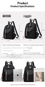 Size chart showing large and small Oxford cloth backpacks with dimensions and iPad comparison